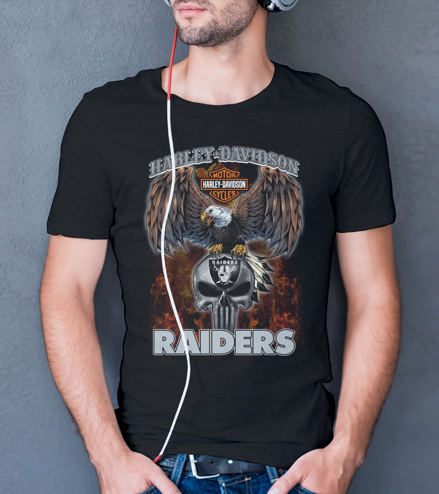 Harley Davidson Motor Cycles Raiders Nfl Eagle Skull Flames T-Shirt