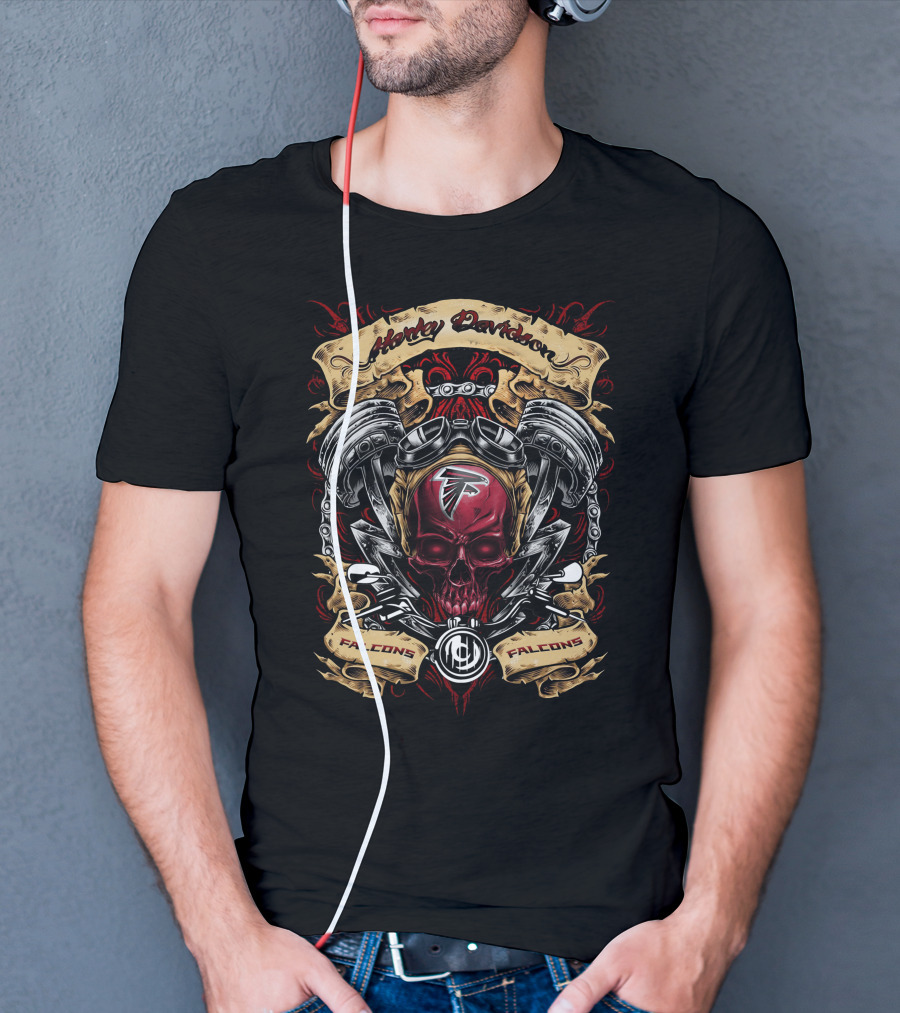 Harley Davidson Falcons Nfl Skull With Pistons And Helmet T-Shirt
