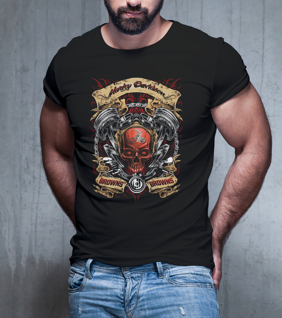 Cleveland Browns Nfl Harley Davidson Skull Helmet Engine Art Browns Browns T-Shirt
