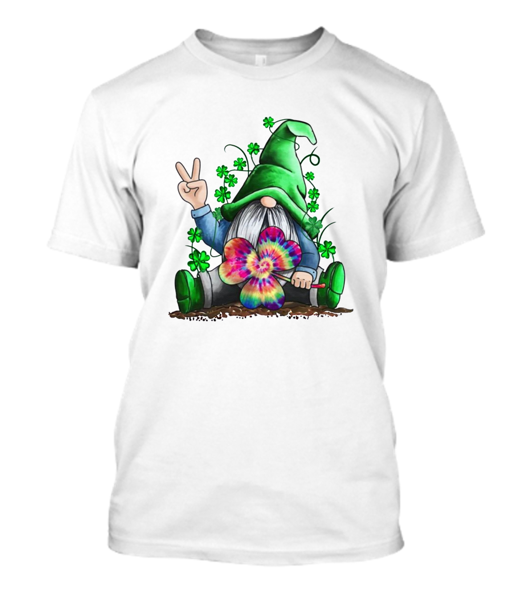 Shamrock Hippie Gnome Peace Sign Tie-Dye Clover Saint Patrick's Day T-Shirt