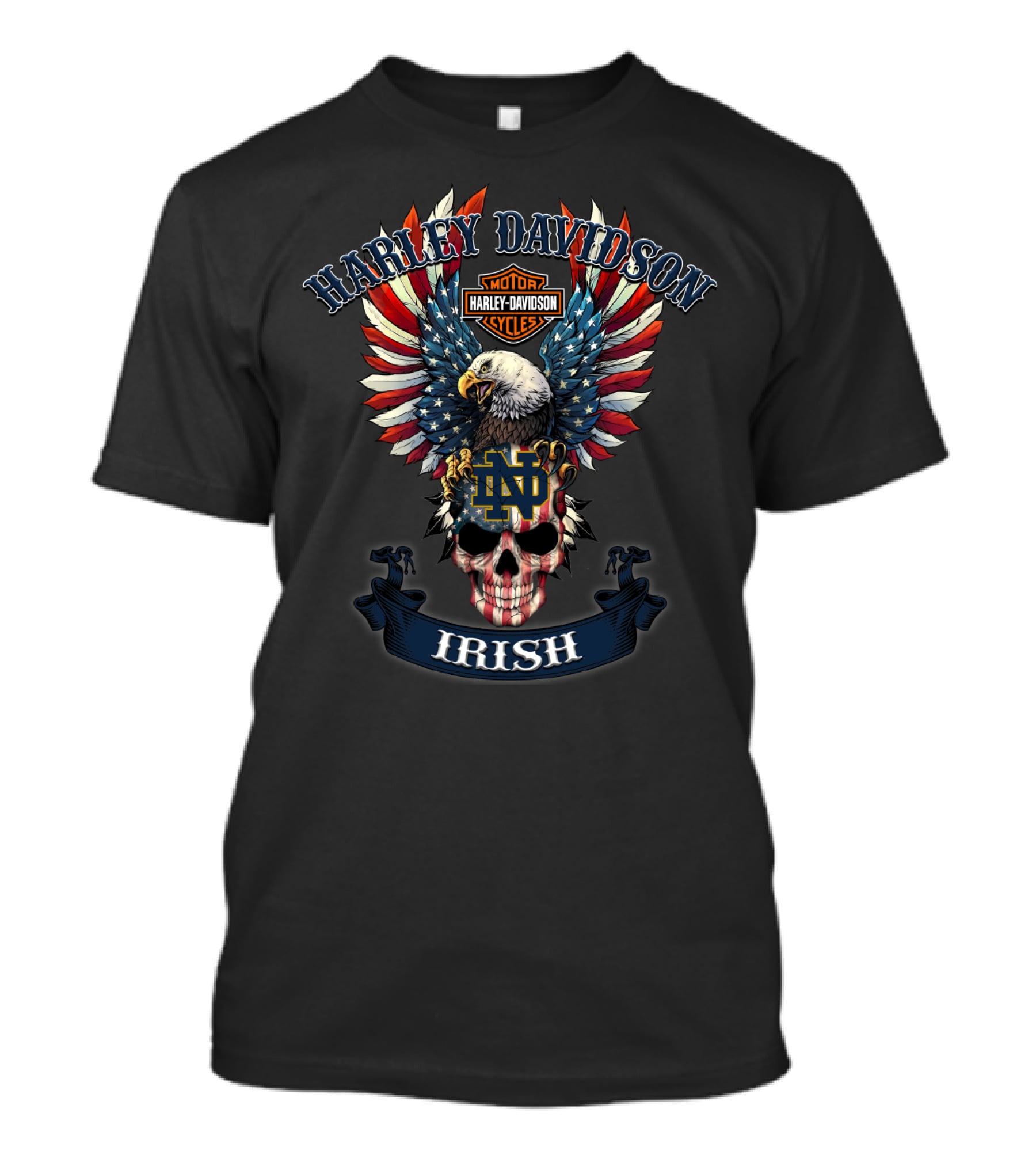Harley Davidson Motor Cycles Notre Dame Fighting Irish Bald Eagle Skull T-Shirt