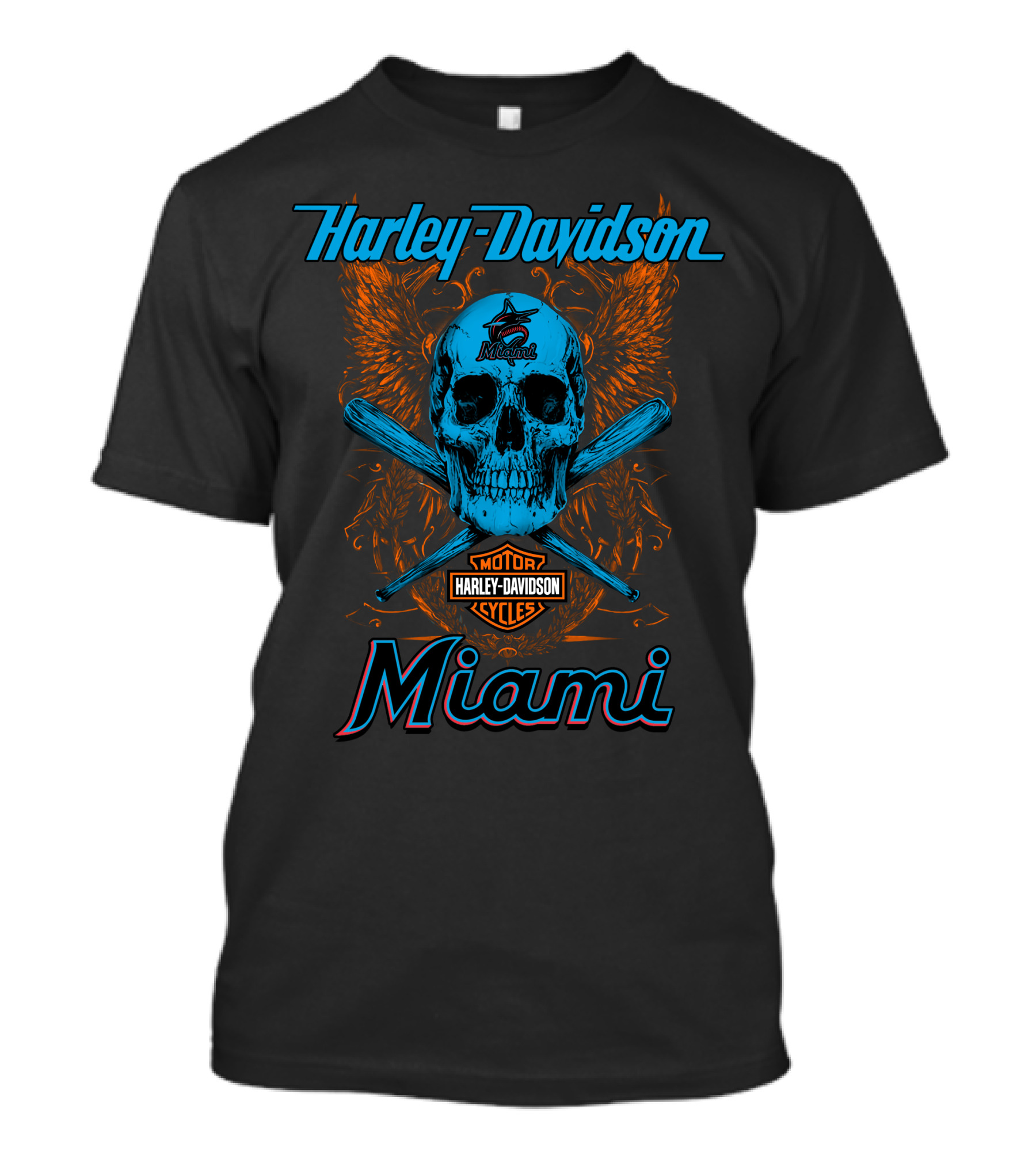 Harley Davidson Miami Skull With Bats And Marlins T-Shirt