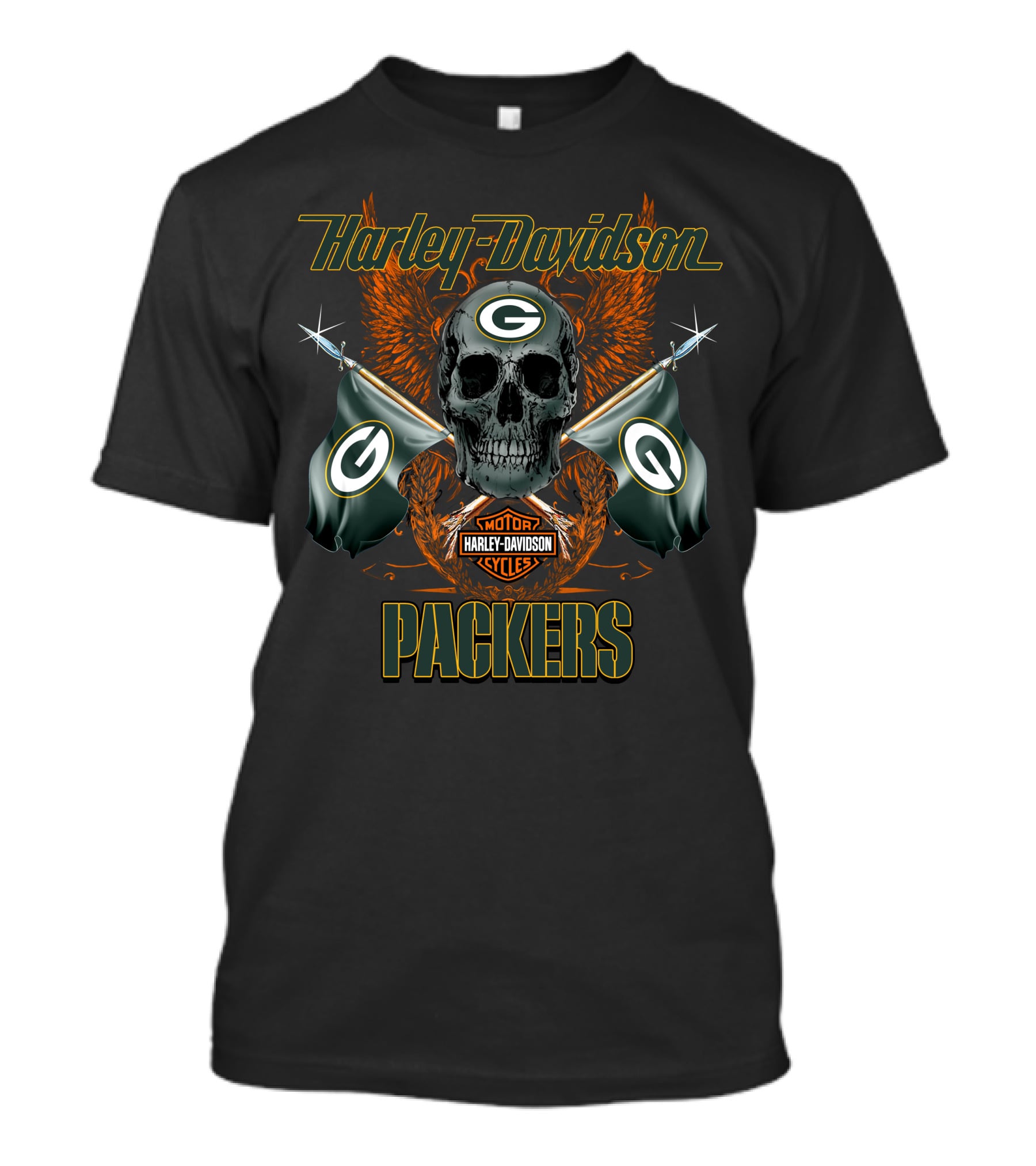 Harley Davidson Packers Skull Flags Green Bay T-Shirt