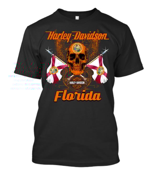 Harley Davidson Florida Skull With Flags And Logo Motif T-Shirt