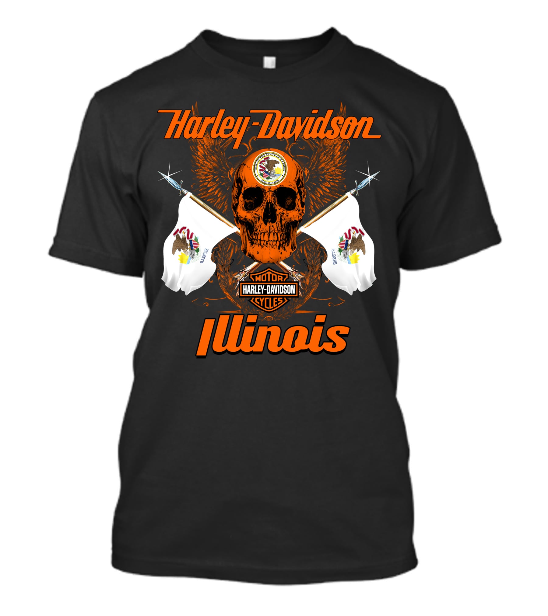 Harley Davidson Cycles Illinois Skull Wings Flags Motorcycles T-Shirt