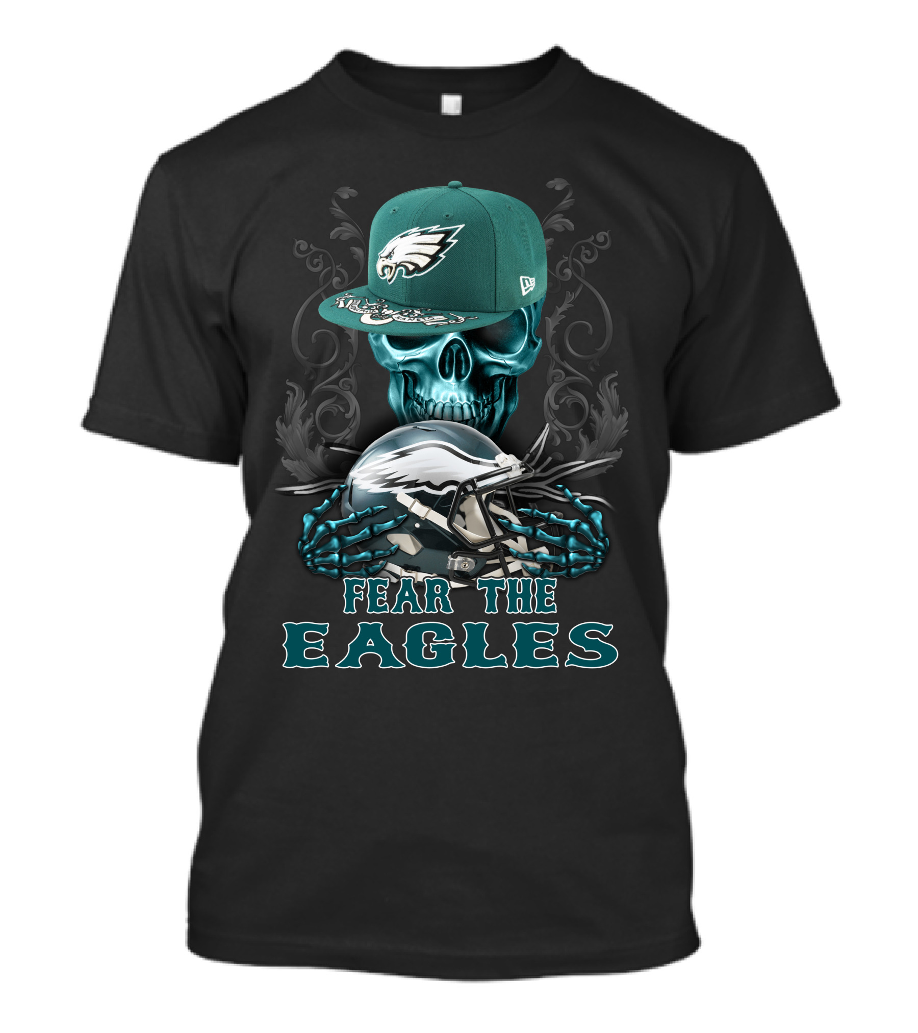 Fear The Eagles Skull With Philadelphia Eagles Cap And Helmet T-Shirt