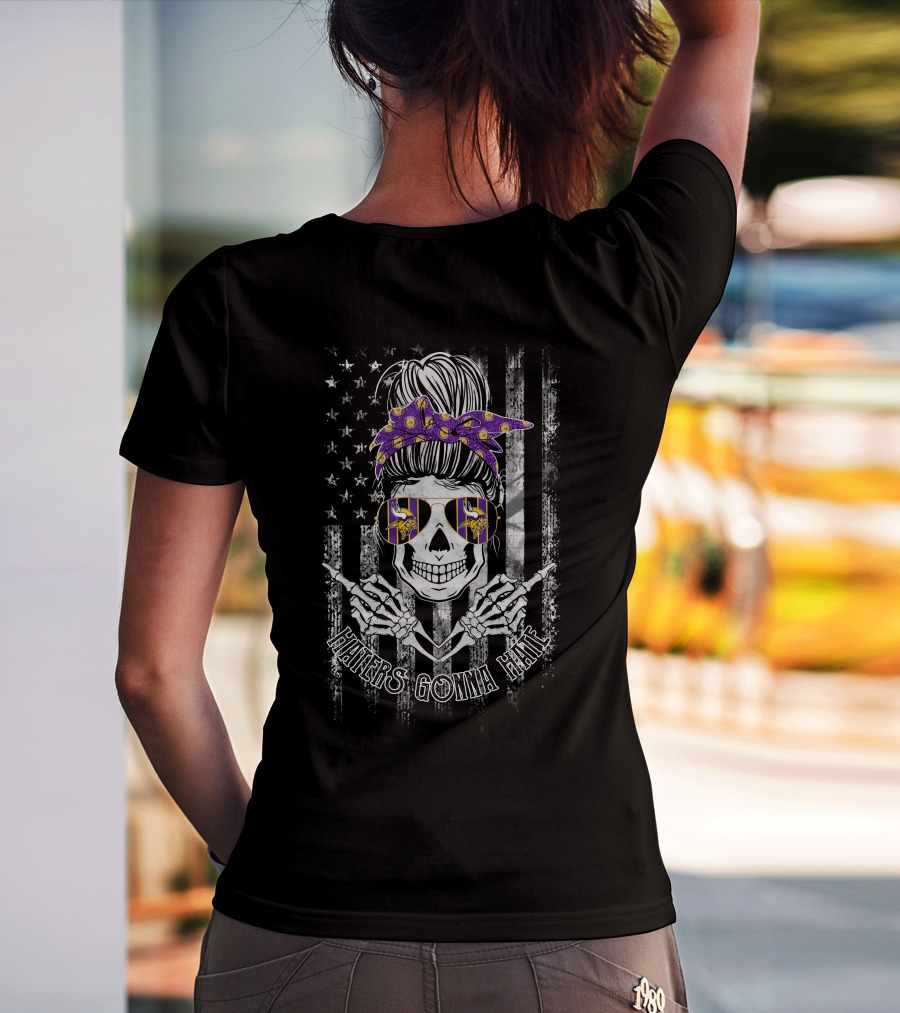 Haters Gonna Hate Minnesota Vikings Skull With Bandana And Sunglasses American Flag T-Shirt