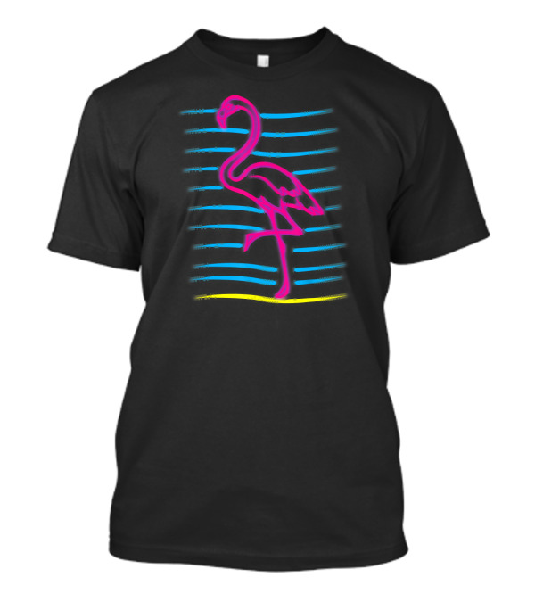80's Neon Pink Flamingo Love With Blue And Yellow Stripes T-Shirt