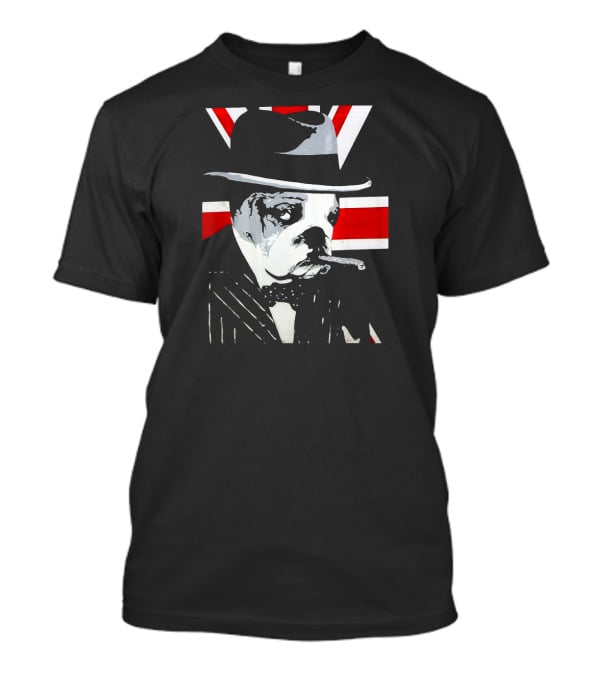 Funny English Bulldog Smoking Cigar Wearing Hat With Union Jack Background T-Shirt