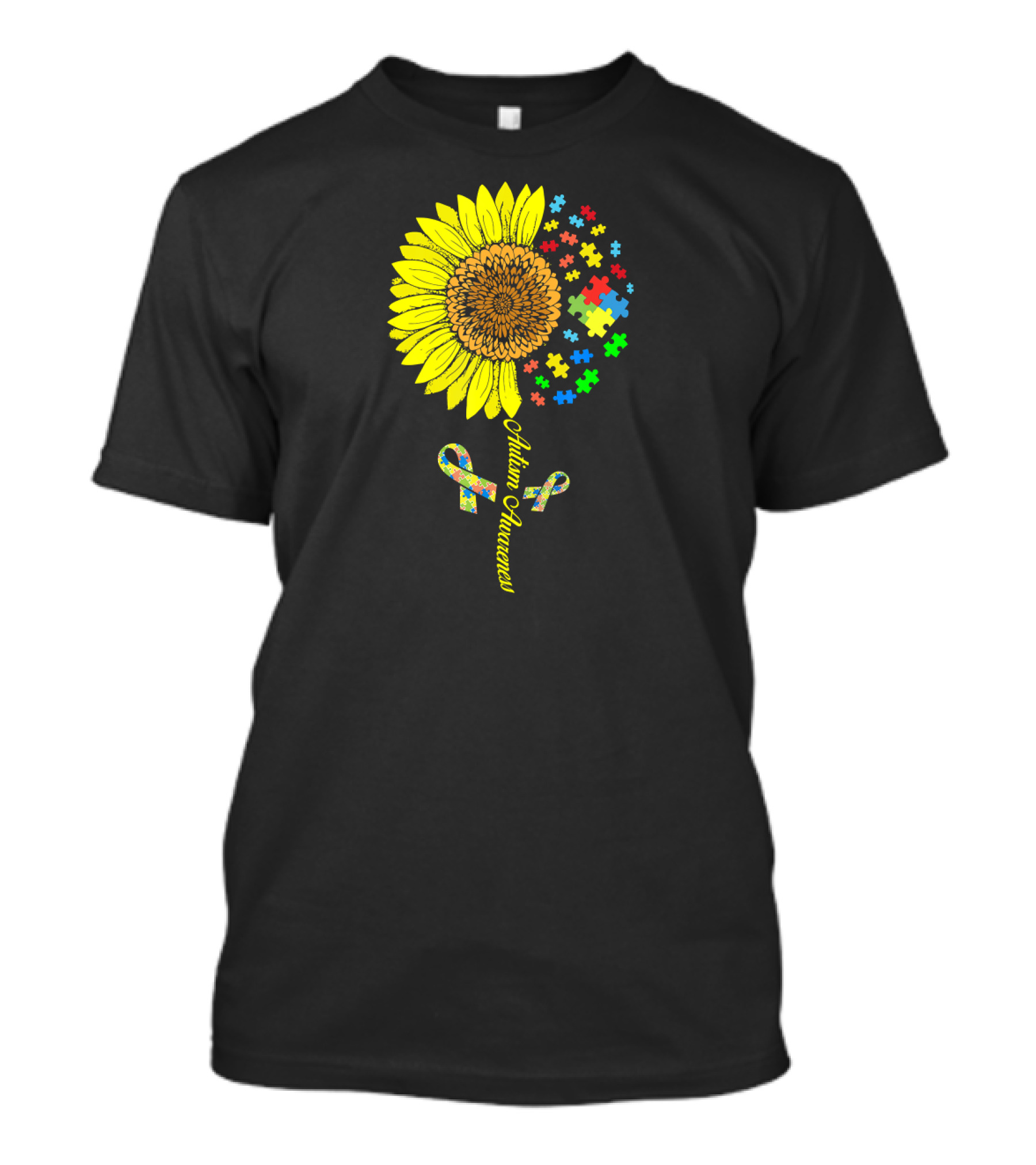 Autism Awareness Puzzle Ribbon Sunflower T-Shirt