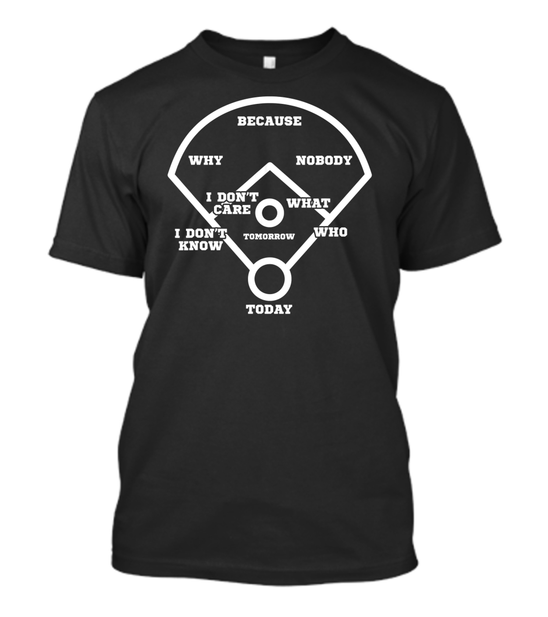 Who's On First Baseball Diamond Parody: Why Nobody Cares Today, Tomorrow Because I Don't Know T-Shirt
