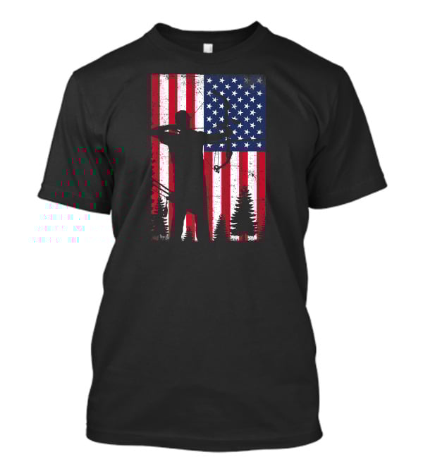 American Archery Bow Hunting Bow Hunter Silhouette USA Flag Background T-Shirt
