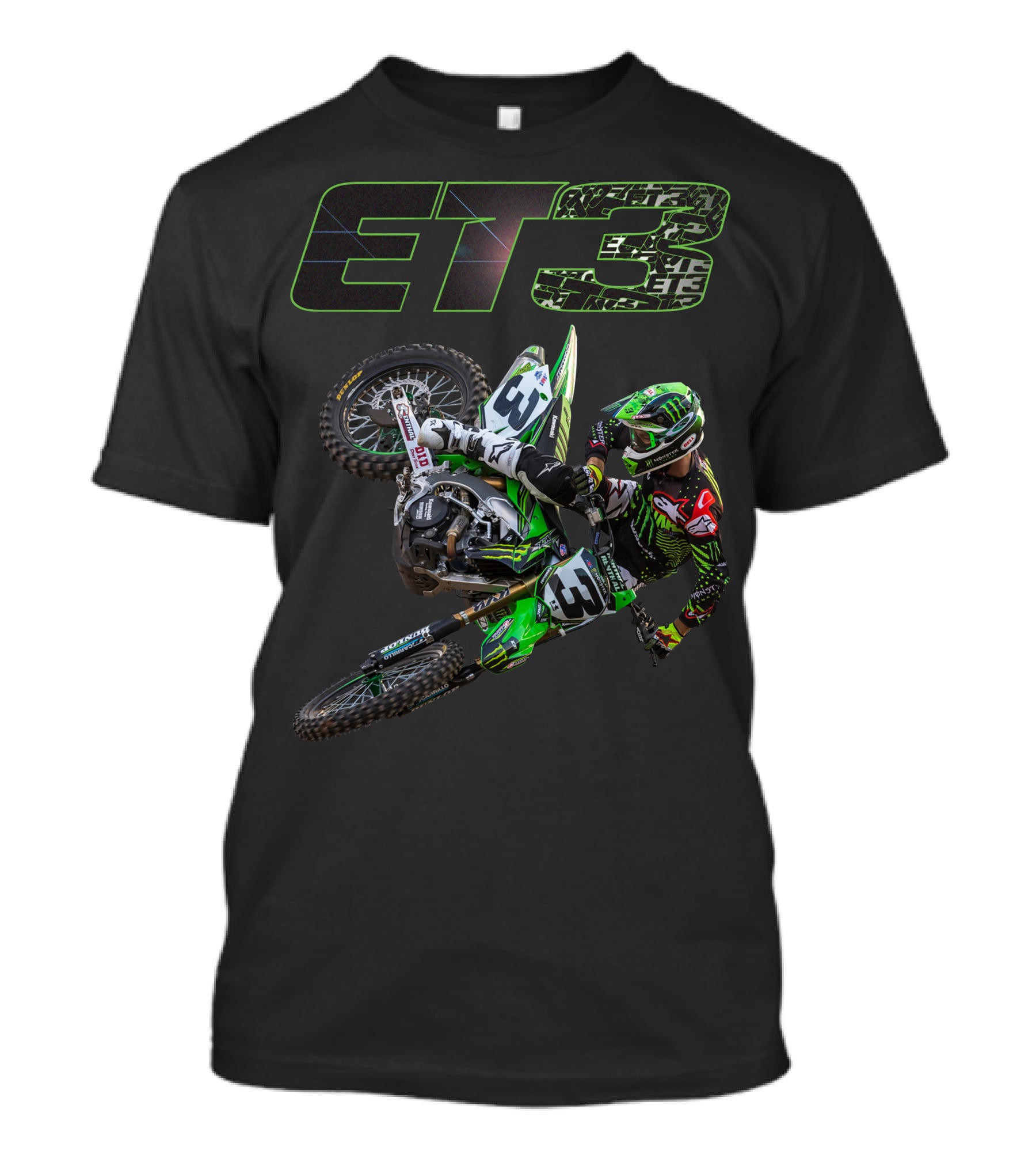 ET3 Motor Cross Rider In Action With Green Racing Gear T-Shirt