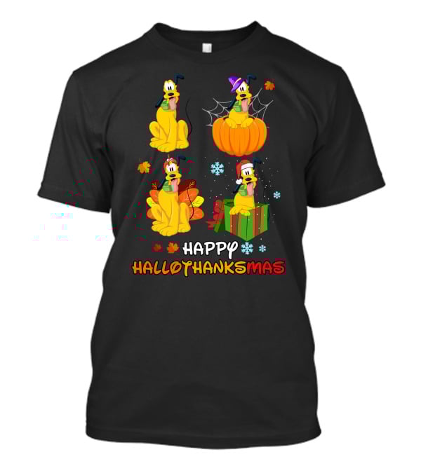 Happy HALLOTHANKSMAS Pluto In Halloween Pumpkin Thanksgiving Leaves Christmas Present Snowflakes T-Shirt