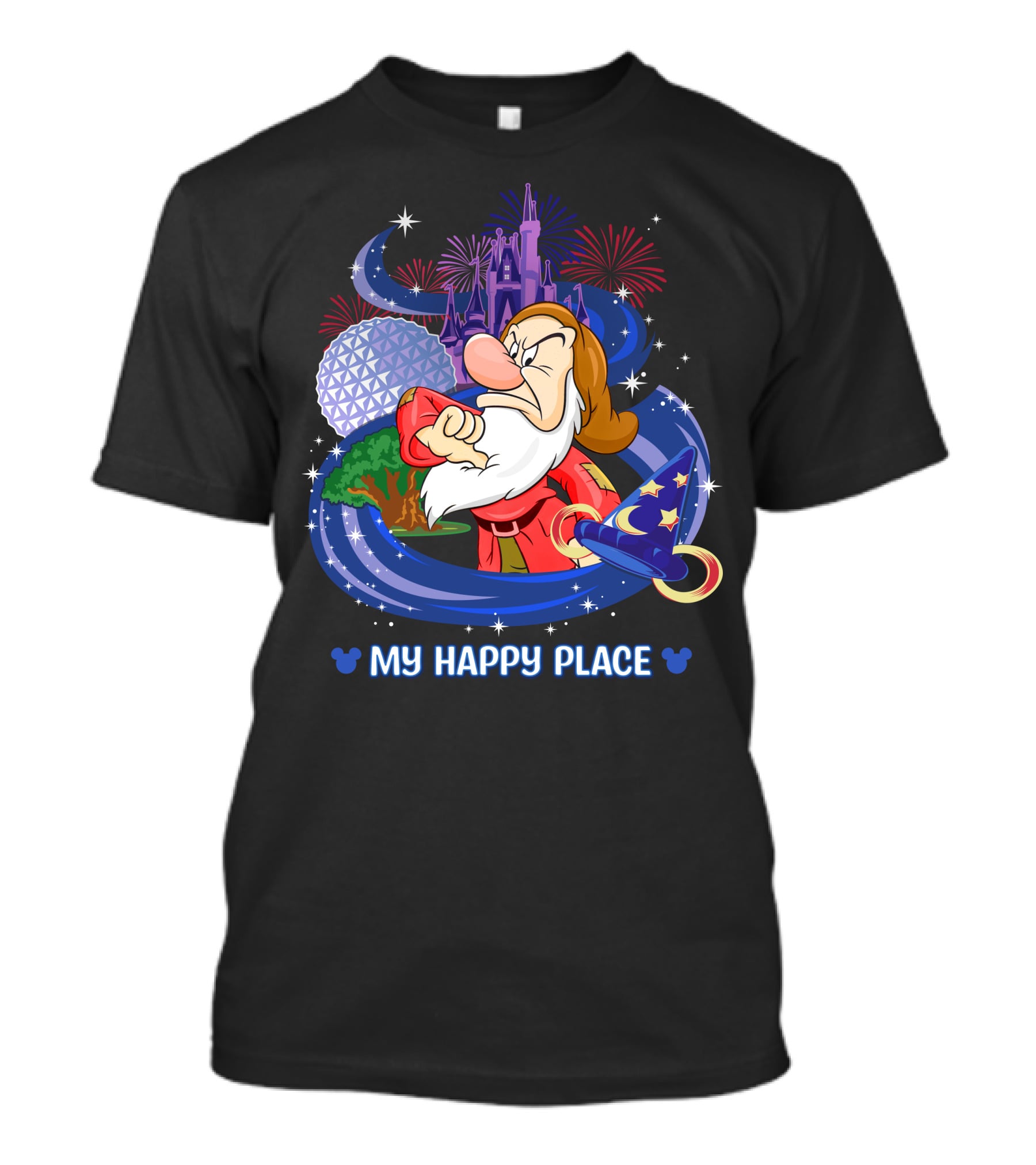 Grumpy My Happy Place Disney Castle Fireworks Epcot Sorcerer Hat T-Shirt