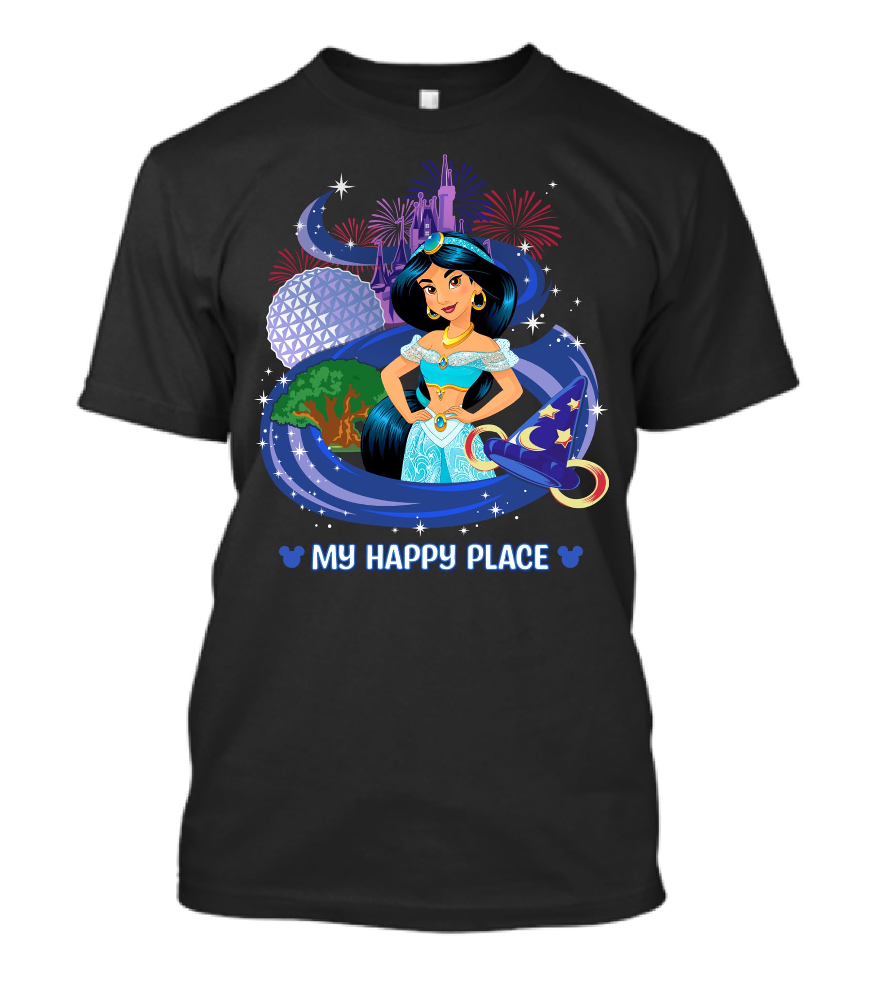 My Happy Place Jasmine Fireworks Castle Disney Magic T-Shirt