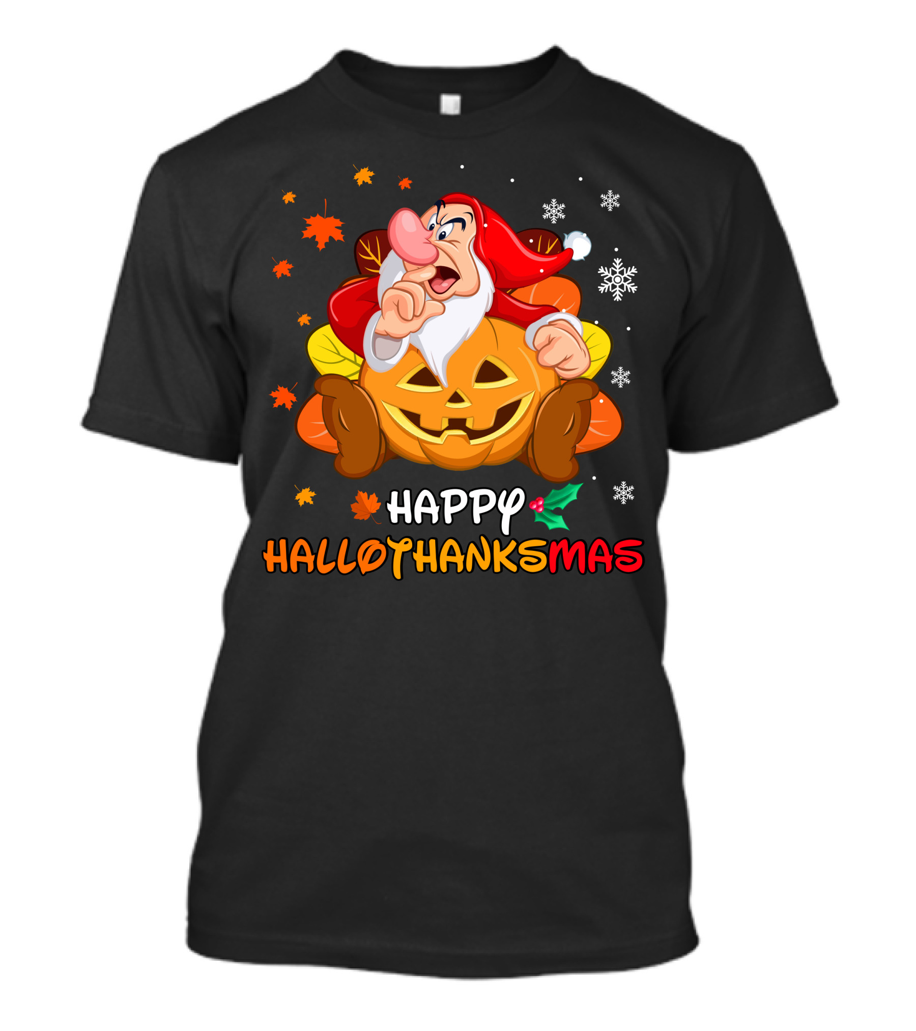 Happy Hallothanksmas Santa Dwarf With Pumpkin And Leaves T-Shirt