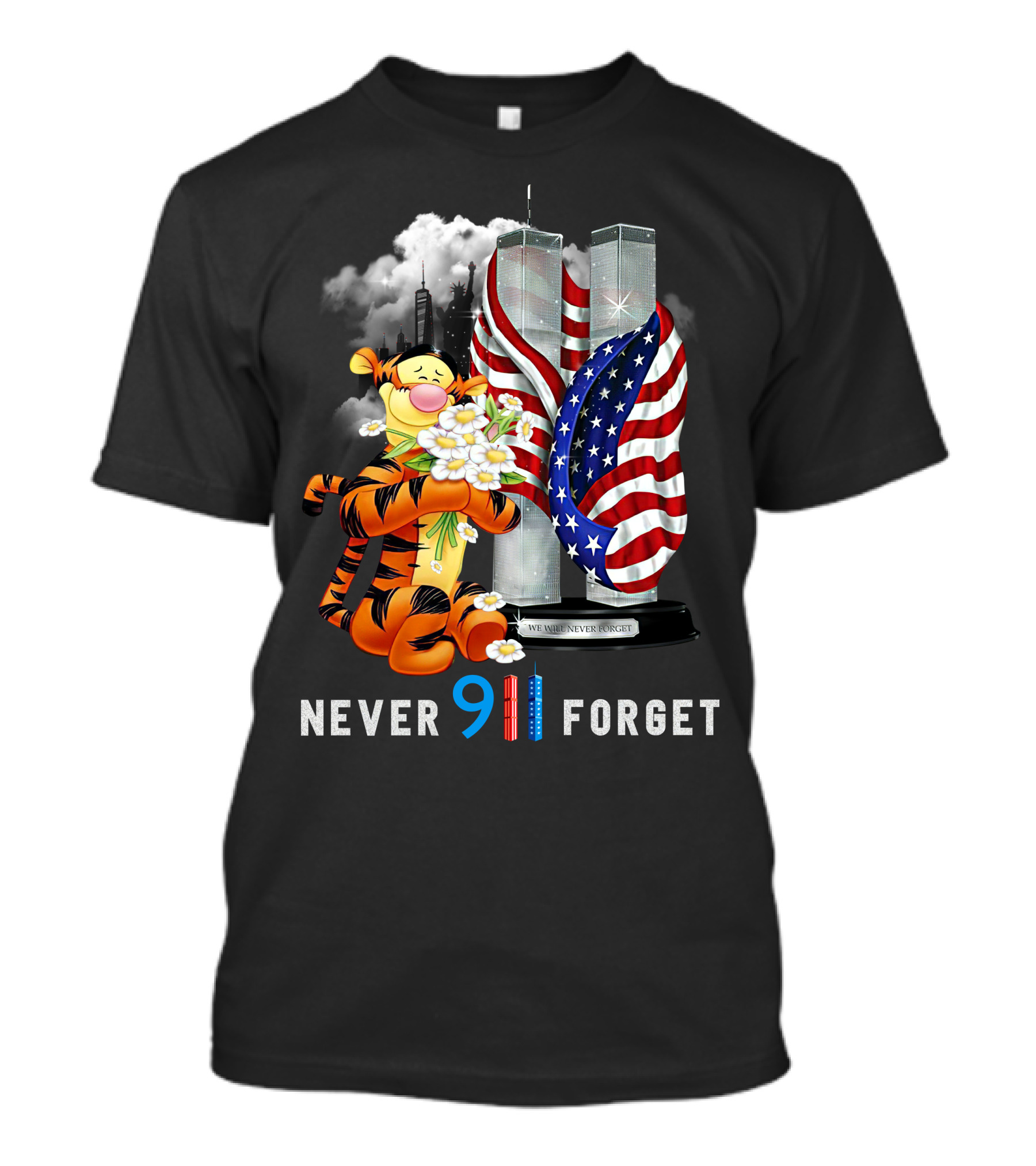 Never 911 Forget Tigger Holding Flowers Twin Towers American Flag T-Shirt