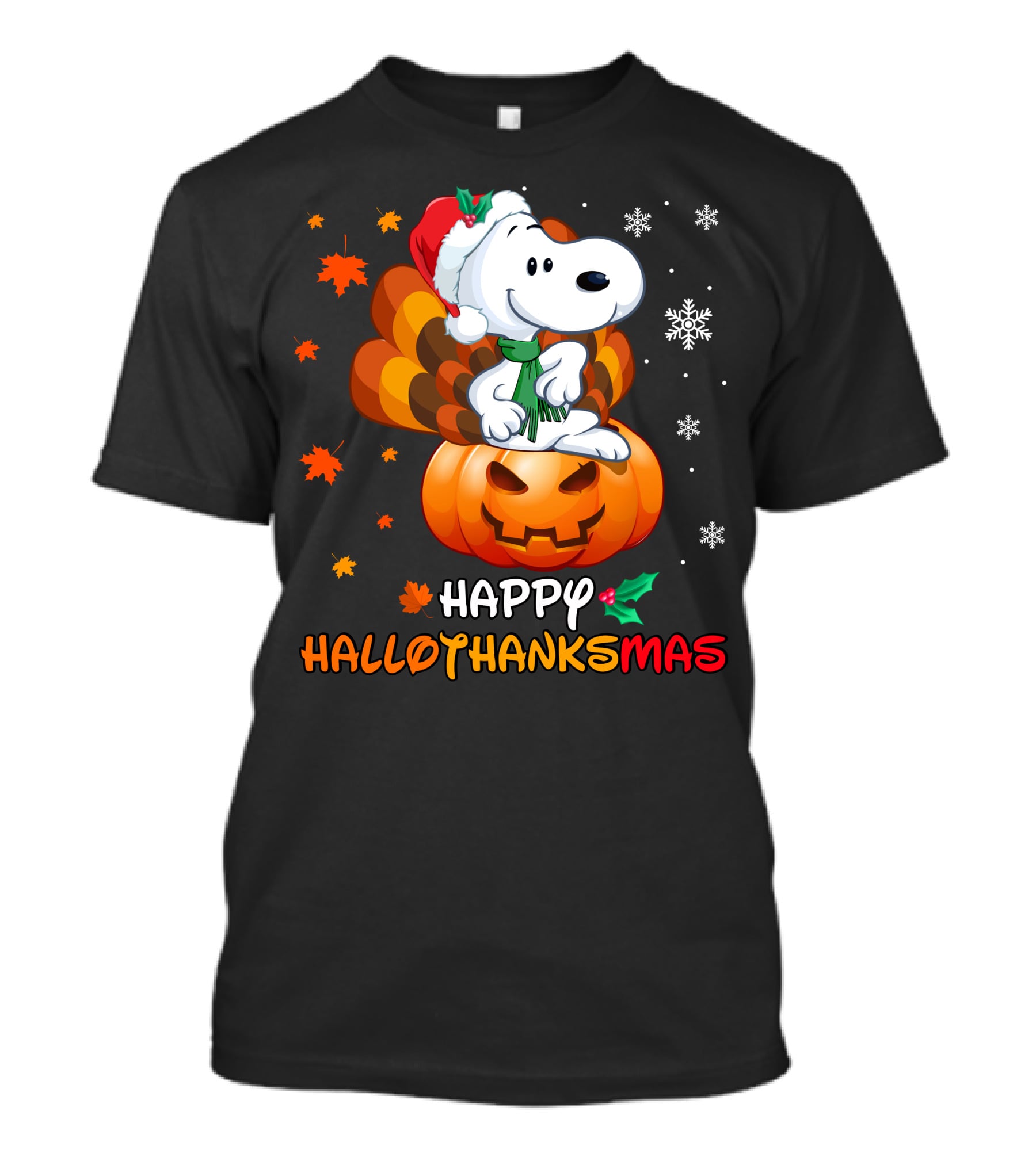 Happy Hallothanksmas Snoopy Christmas Pumpkin Turkey Leaves Snowflakes T-Shirt