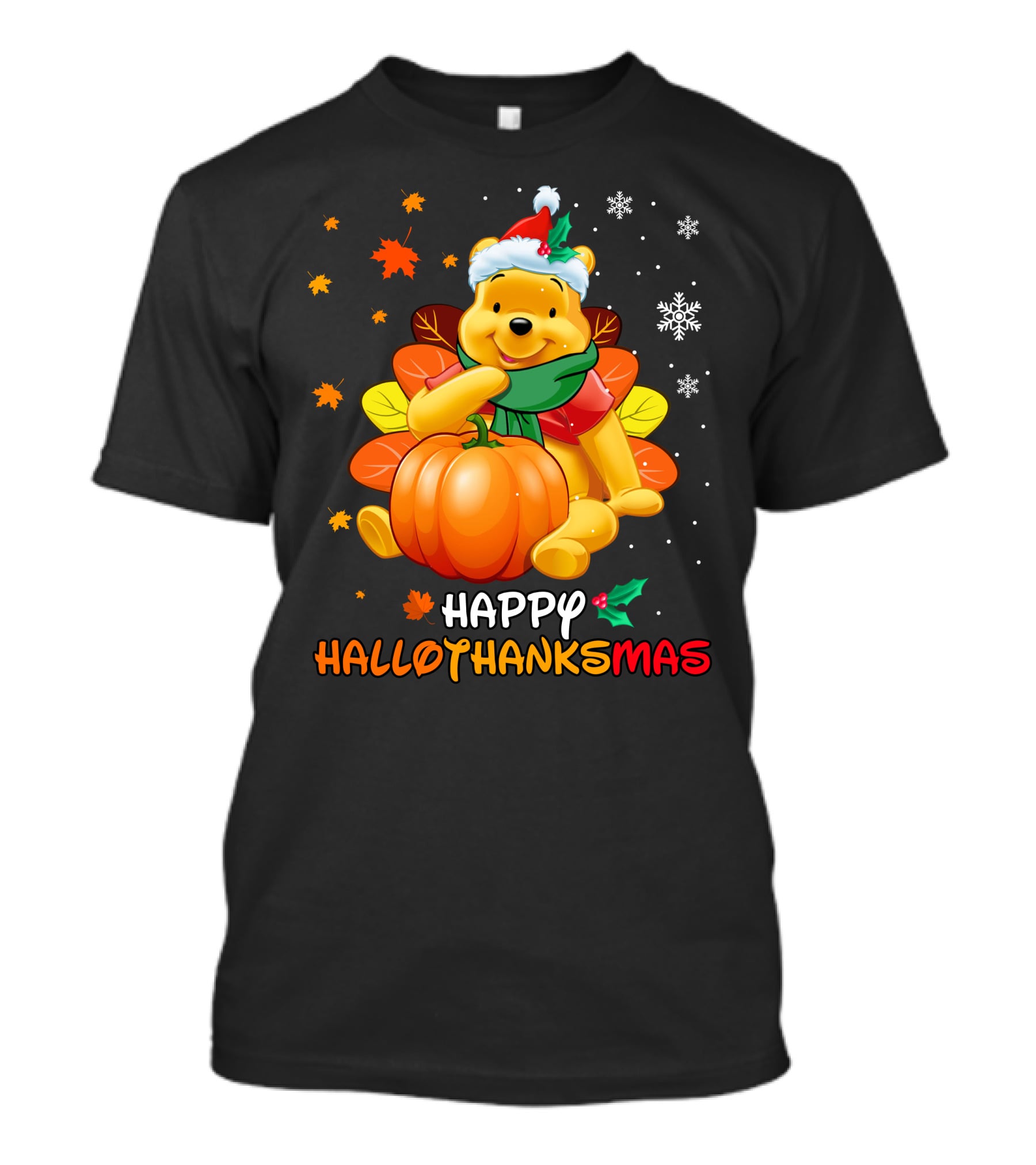 Happy Hallothanksmas Pooh Pumpkin Santa Hat Snowflakes T-Shirt