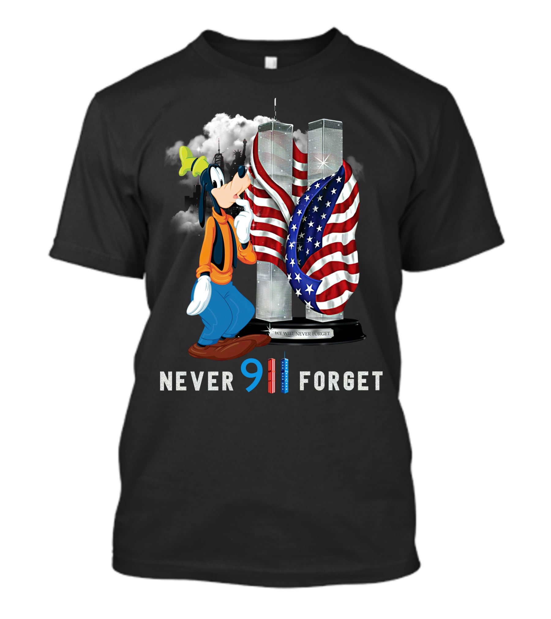 Never Forget Goofy 9/11 Twin Towers American Flag Memorial T-Shirt