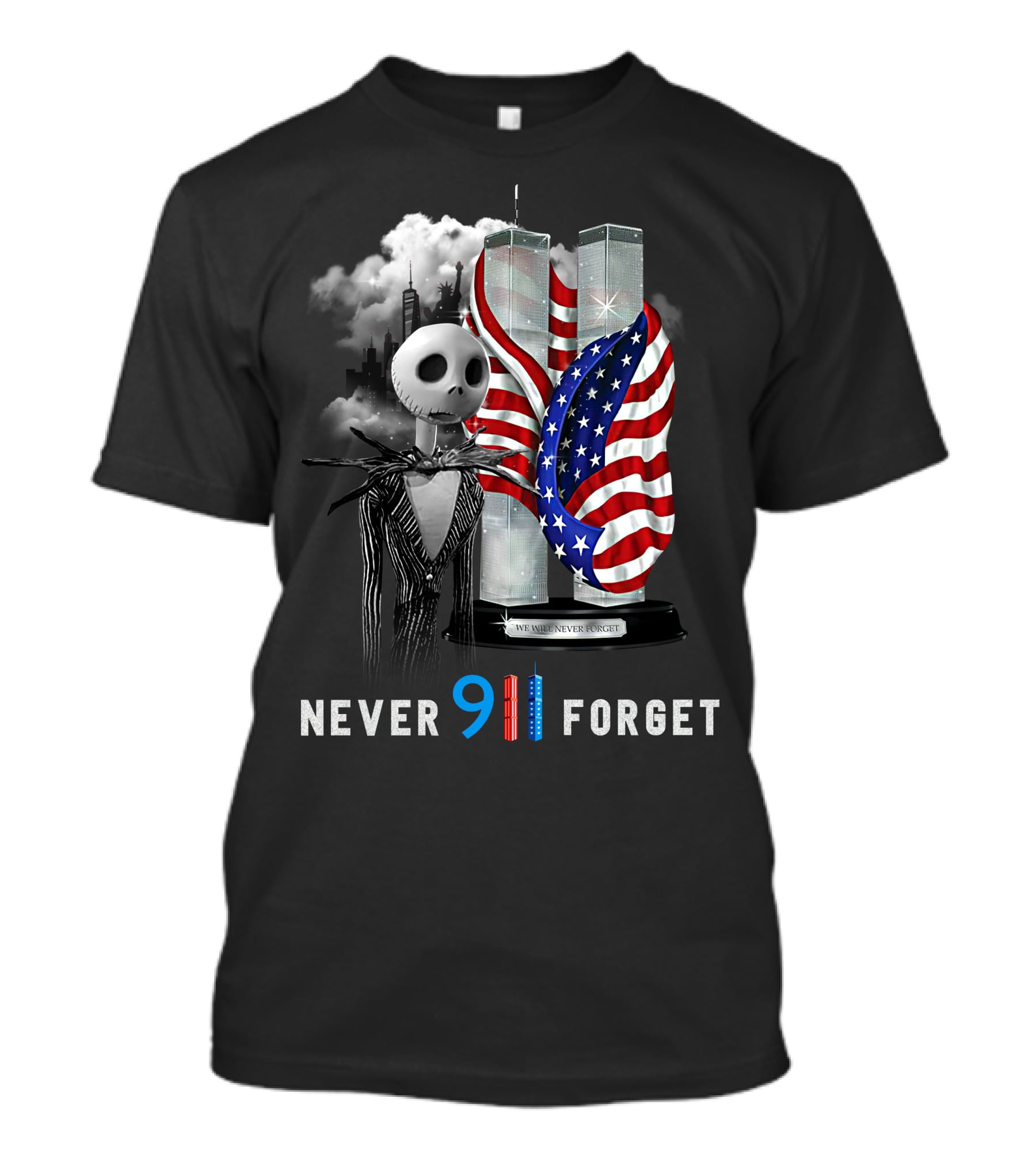 Jack Skellington 9/11 Never Forget Twin Towers American Flag T-Shirt