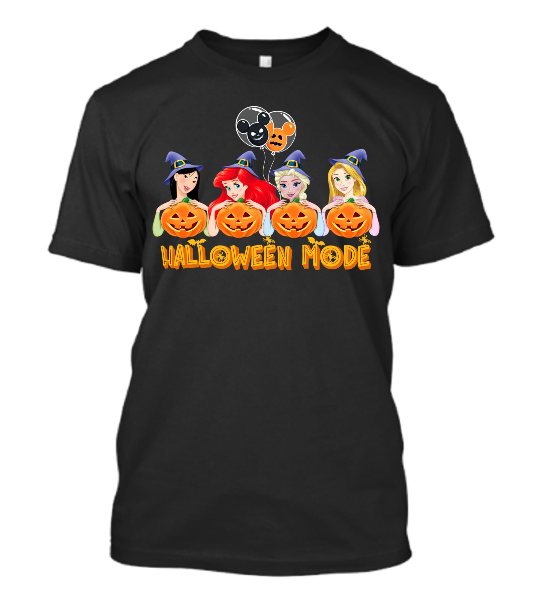 Halloween Mode Princess Characters With Pumpkins And Mickey Balloons T-Shirt