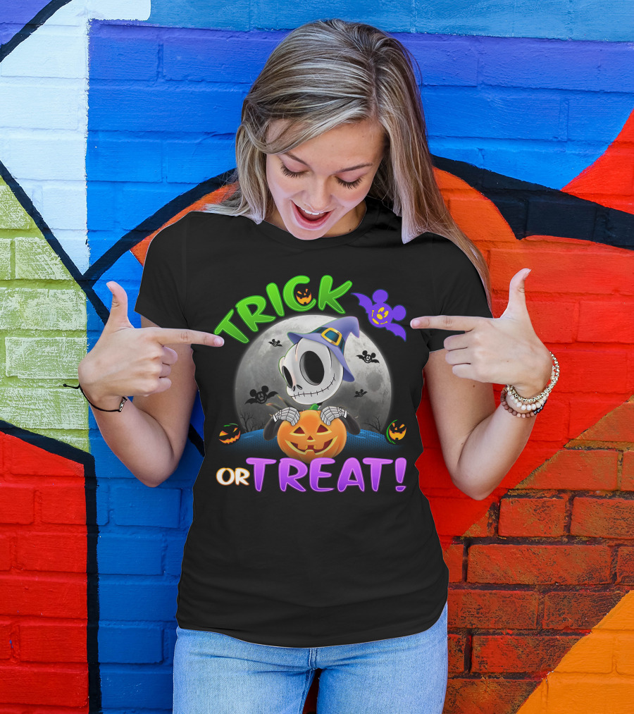 Trick Or Treat Jack Skellington Halloween Moon Bat Pumpkin T-Shirt