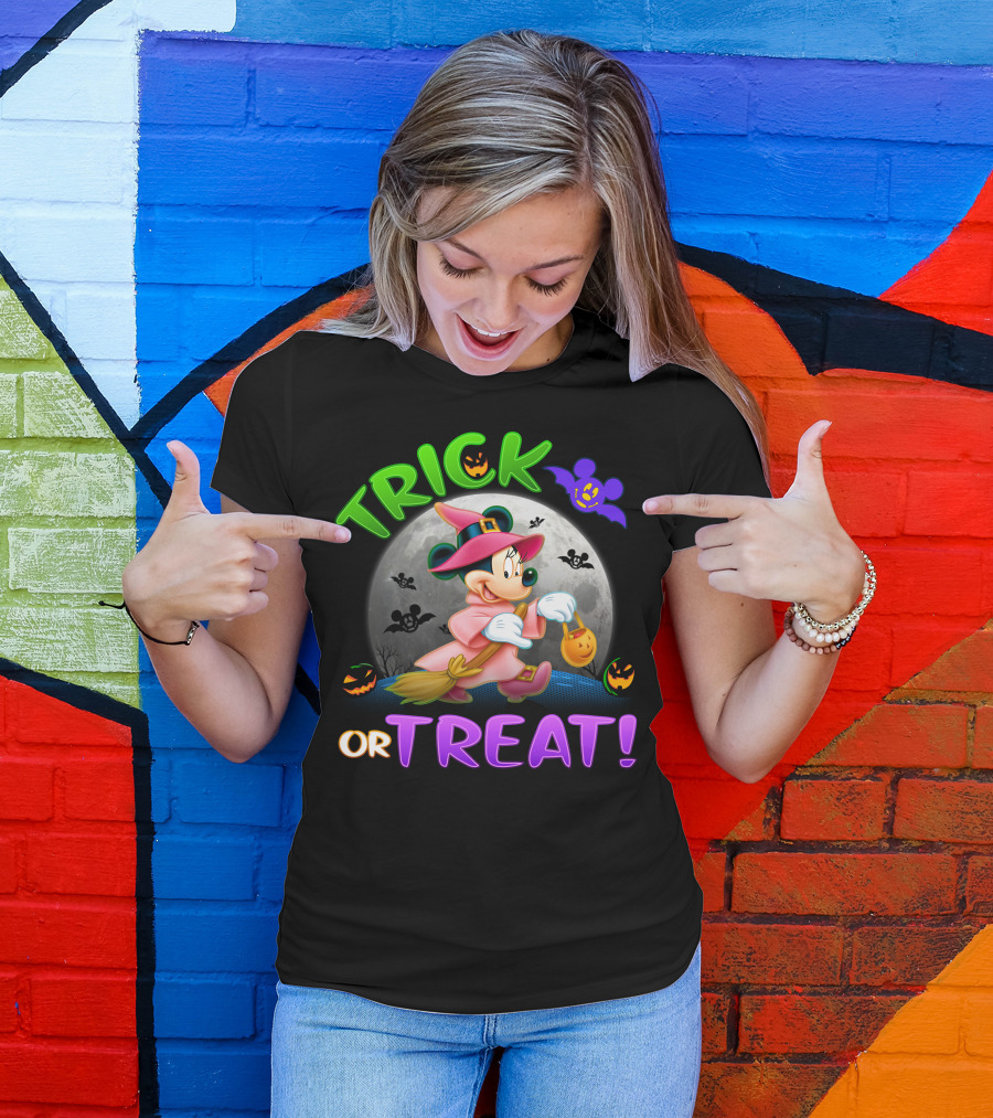 Trick Or Treat Minnie Halloween Witch Costume Broom Moon Bats Pumpkins T-Shirt