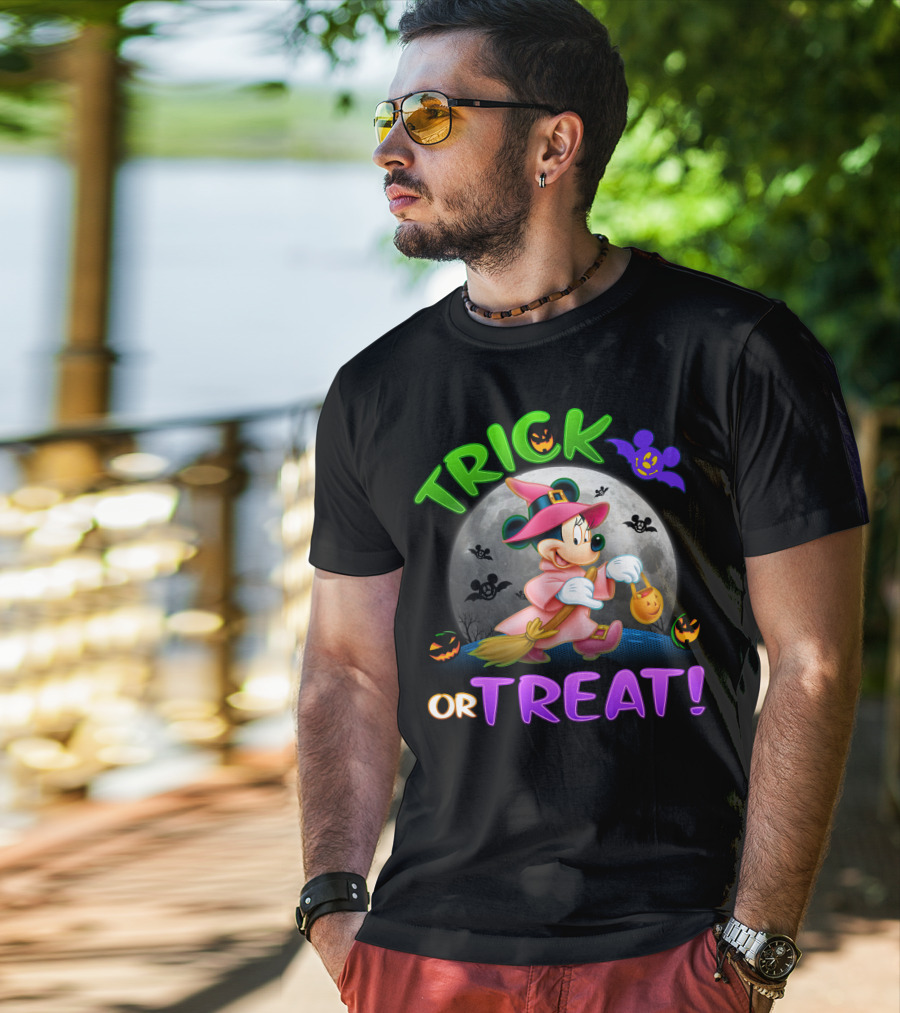 Trick Or Treat Minnie Halloween Witch Costume Broom Moon Bats Pumpkins T-Shirt