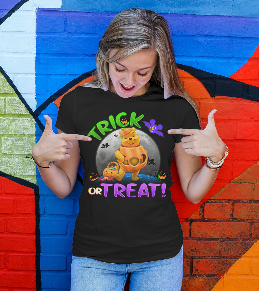 Trick Or Treat Pooh Halloween Moon Bats And Pumpkins T-Shirt