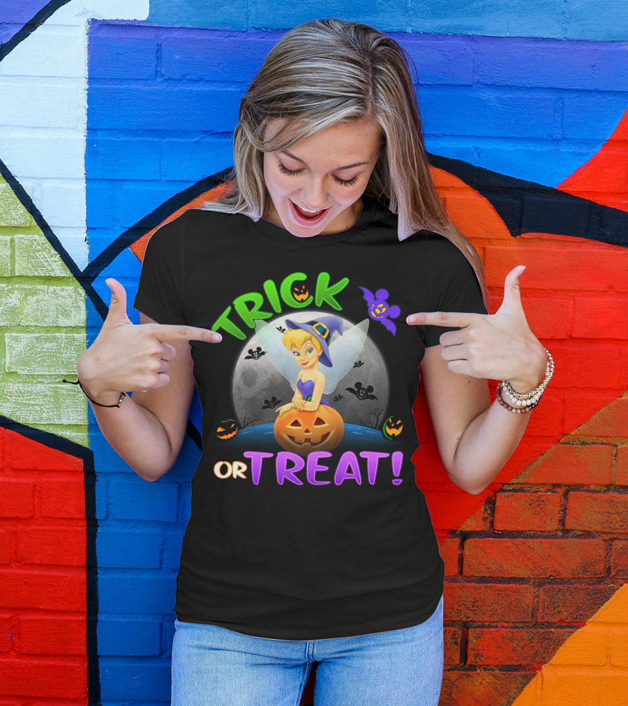 Trick Or Treat Tinker Bell Halloween Jack-O'-Lantern Moon Bat Mickey Ears T-Shirt