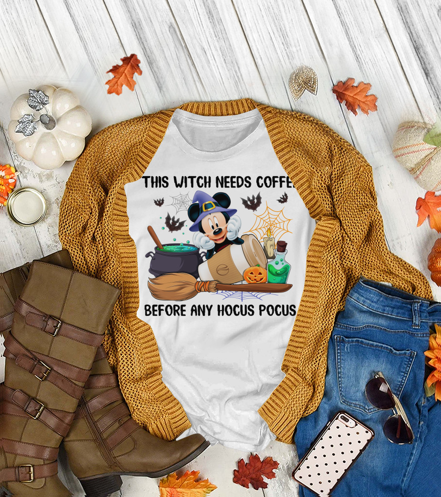 This Witch Needs Coffee Mickey Cauldron Bats Potion Pumpkin Broom Hocus Pocus T-Shirt