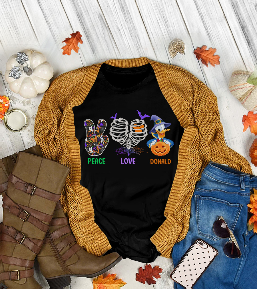 Peace Love Donald Halloween Duck With Pumpkin And Bats T-Shirt