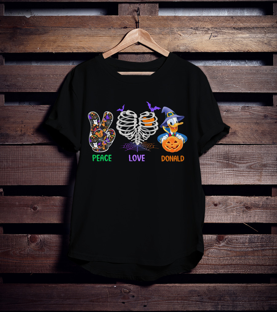 Peace Love Donald Halloween Duck With Pumpkin And Bats T-Shirt
