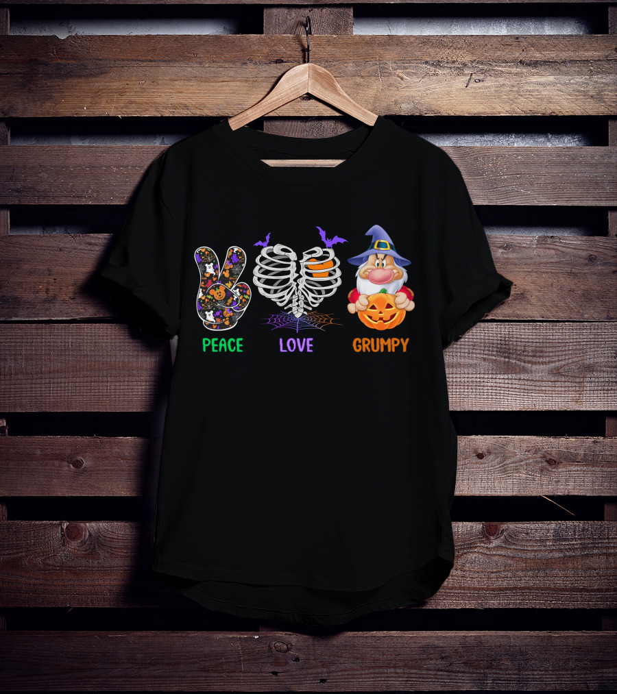 Peace Love Grumpy Halloween Gnome Pumpkins Rib Cage Bat T-Shirt