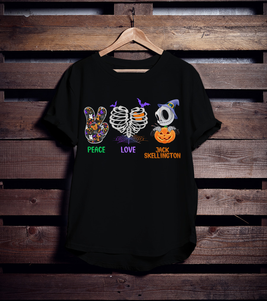 Peace Love Jack Skellington Halloween Pumpkin Skeleton Ribcage T-Shirt