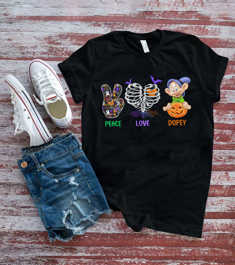 Peace Love Dopey Halloween Skeleton Pumpkin T-Shirt