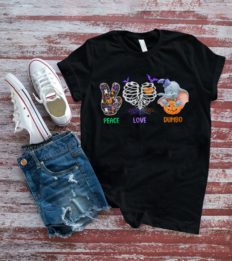 Peace Love Dumbo Halloween Pumpkin Skeleton T-Shirt