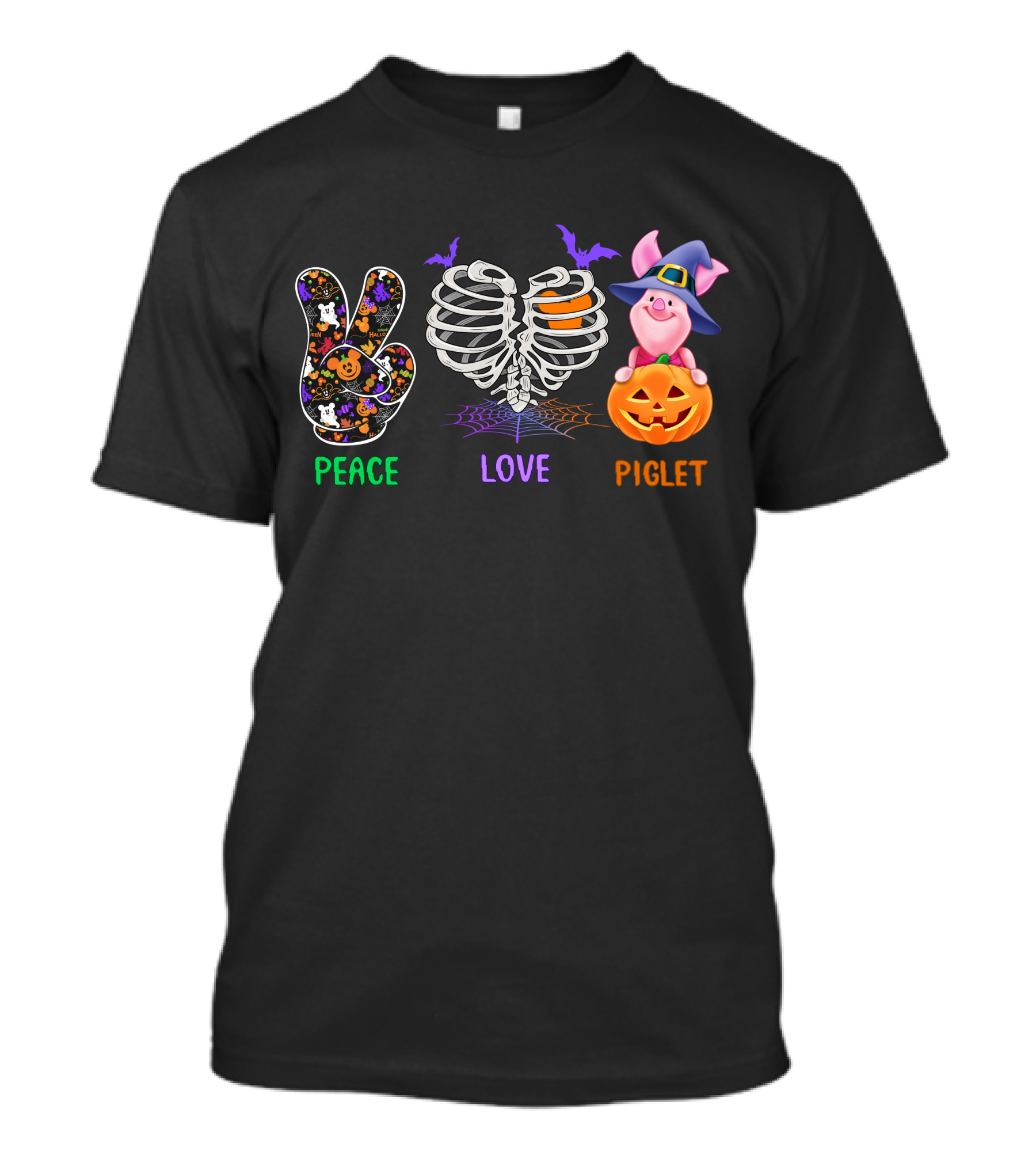 Peace Love Piglet Halloween Theme Pumpkin Skeleton Bats T-Shirt