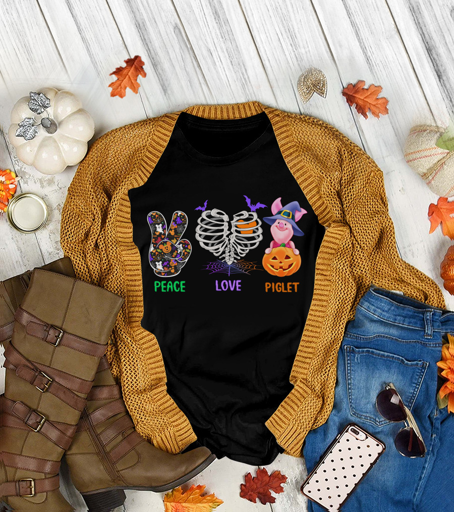 Peace Love Piglet Halloween Theme Pumpkin Skeleton Bats T-Shirt
