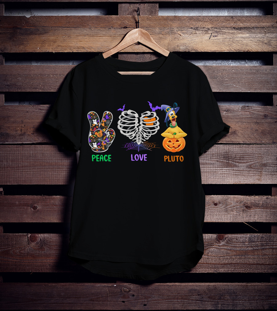 Peace Love Pluto Halloween Pumpkin And Skeleton Rib Cage With Bat Accents T-Shirt