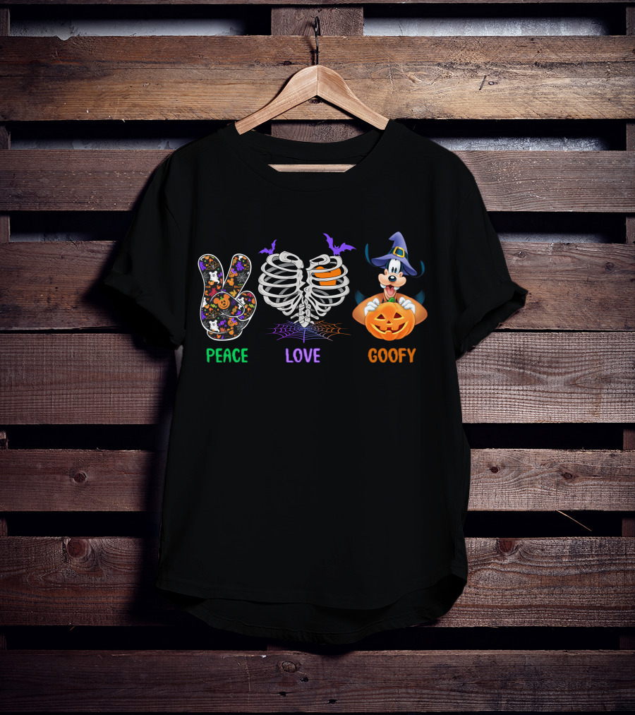Peace Love Goofy Halloween Skeleton Ribcage Pumpkin And Bat Icons T-Shirt