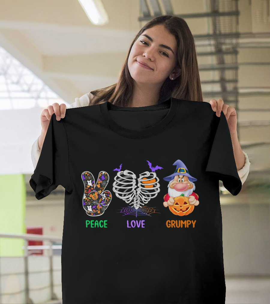 Peace Love Grumpy Halloween Skeleton Gnome With Pumpkin And Bat Hat T-Shirt