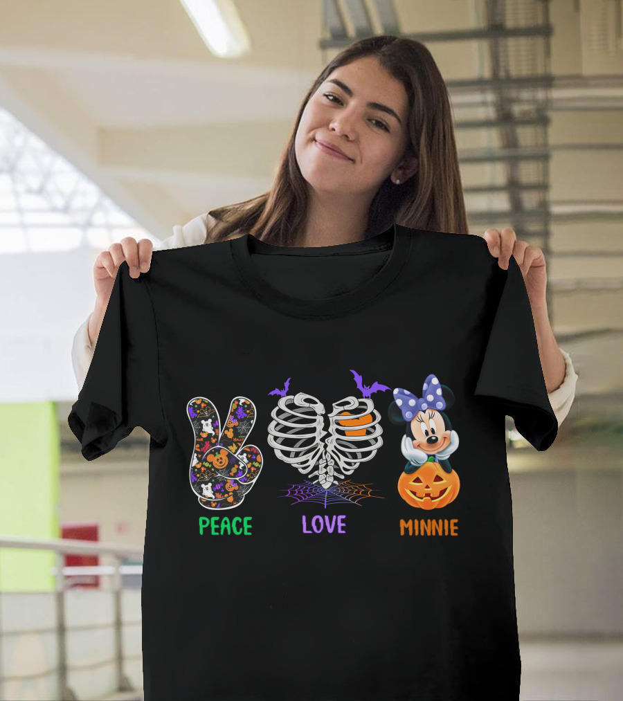Peace Love Minnie Halloween Skeleton Pumpkin T-Shirt