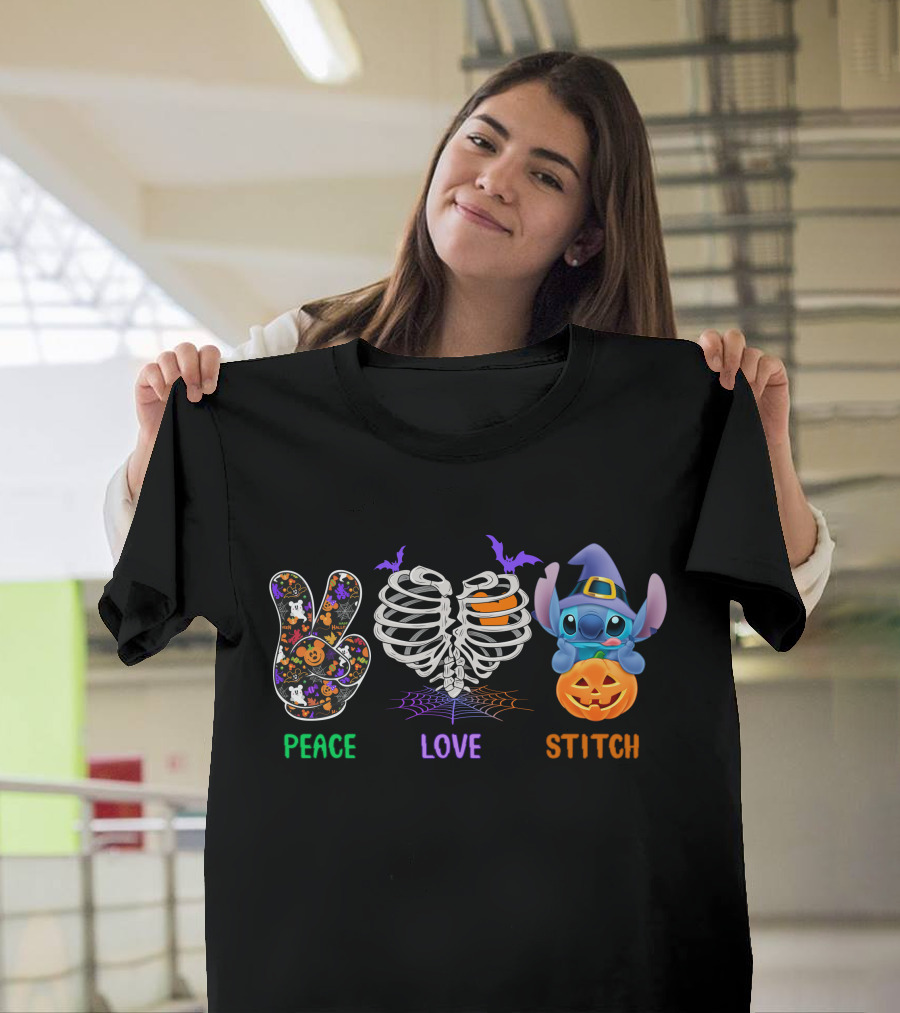 Peace Love Stitch Halloween Pumpkin Skeleton Bat T-Shirt