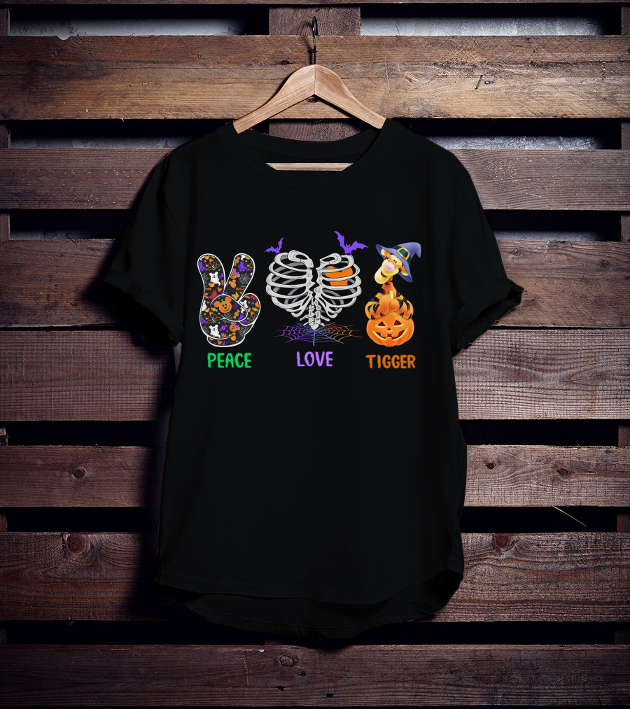 Peace Love Tigger Halloween Skeleton Pumpkin T-Shirt
