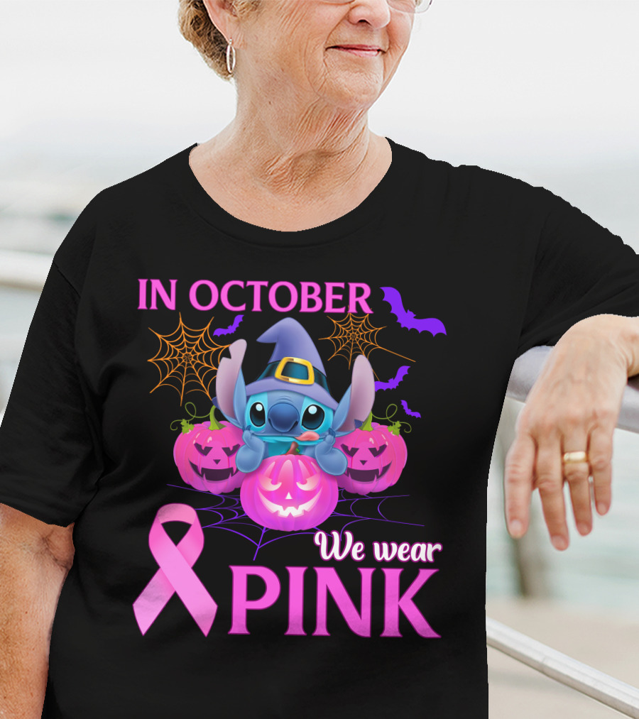 In October We Wear Pink Stitch Halloween Breast Cancer Awareness T-Shirt