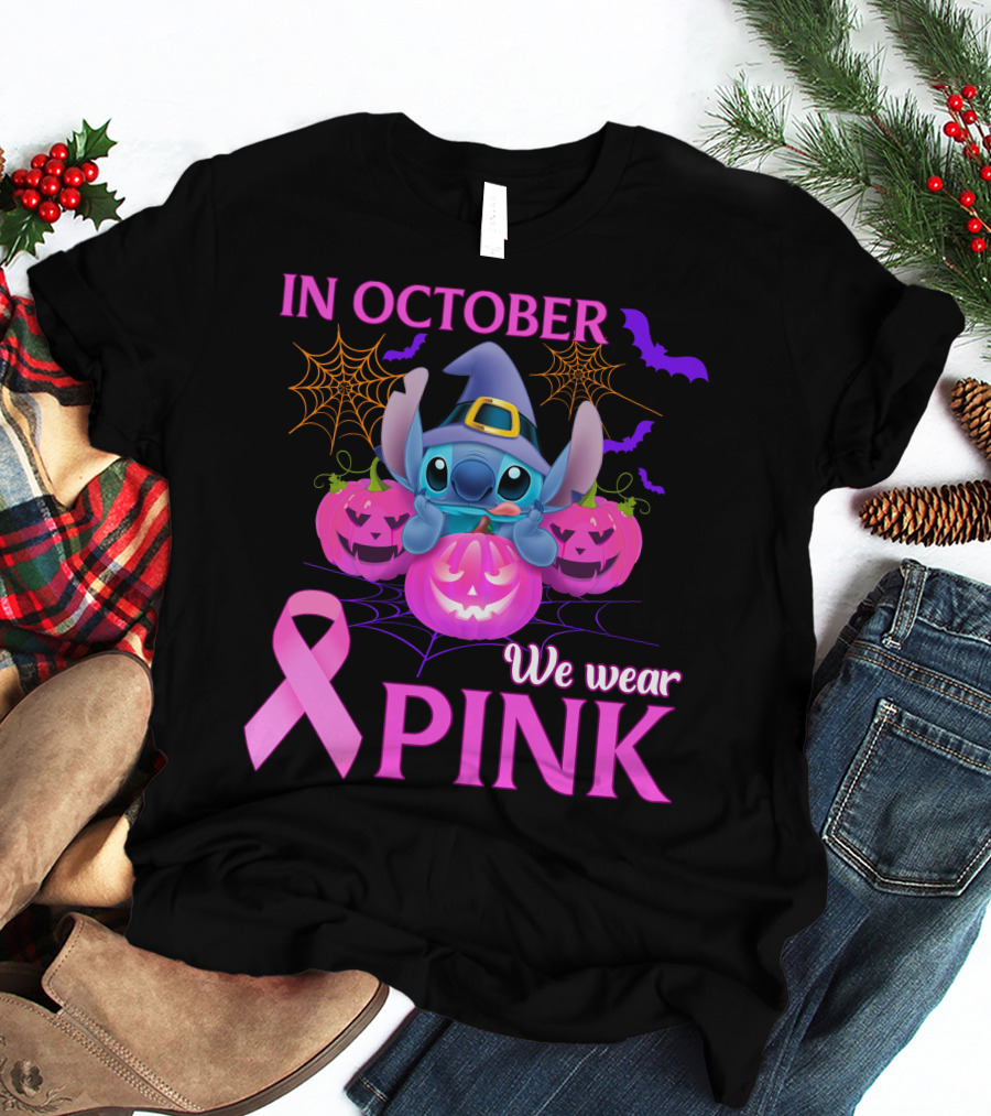 In October We Wear Pink Stitch Halloween Breast Cancer Awareness T-Shirt