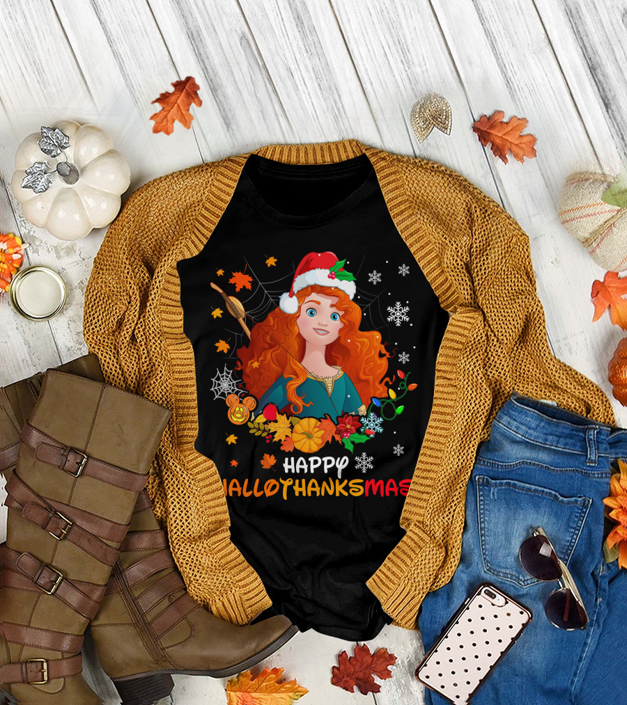 Merida Happy Hallothanksmas With Leaves And Snowflakes T-Shirt